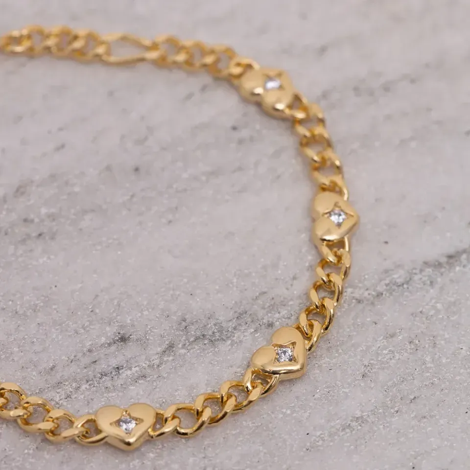 PULSEIRA GRUMET COM CORAÇÃO E ZIRCÔNIA BANHO OURO 18K