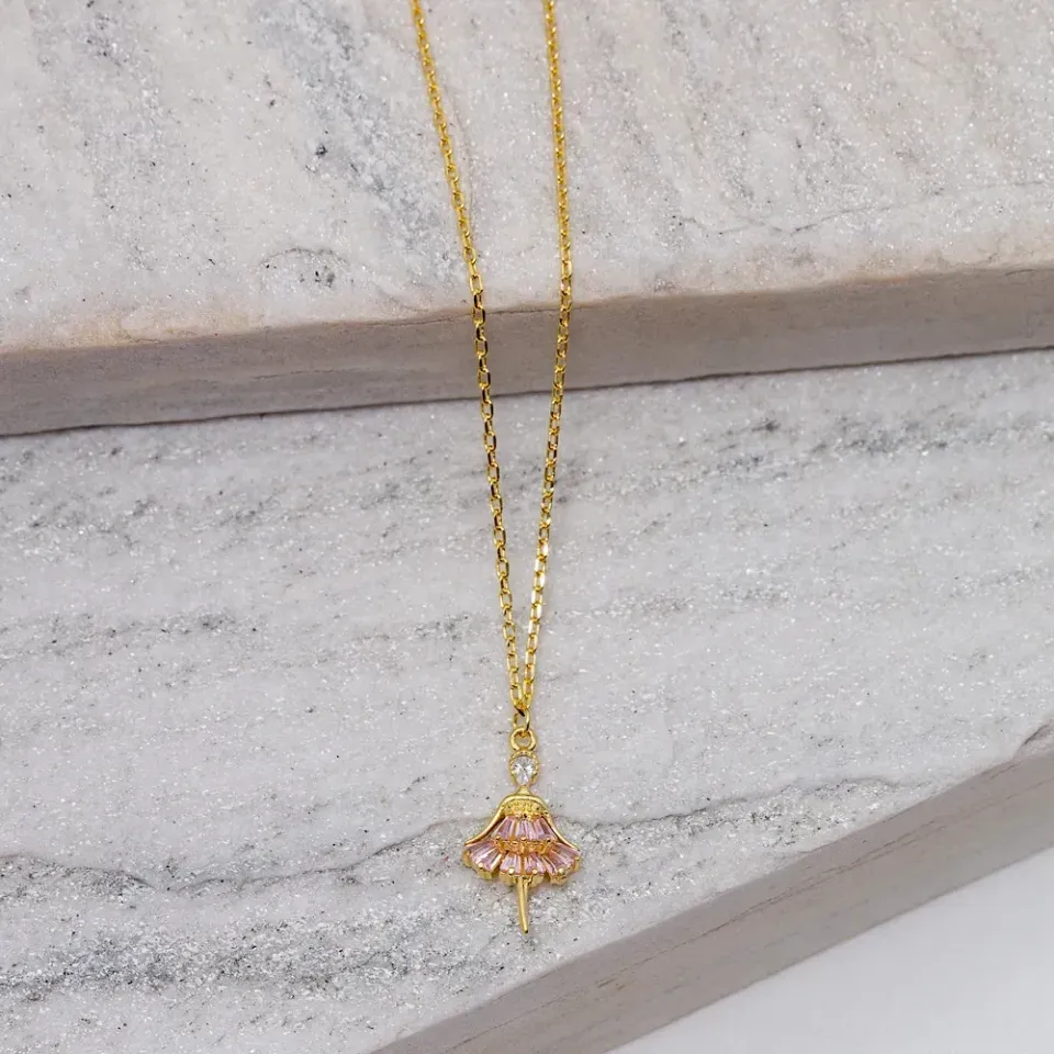 COLAR BAILARINA  ZIRCÔNIA ROSA BANHO OURO 18K