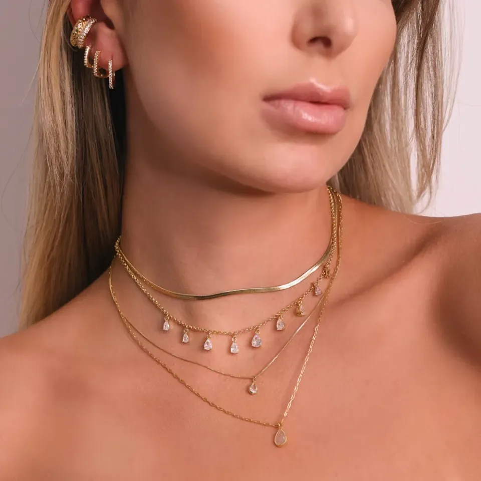 CHOKER GOTAS COM ZIRCÔNIAS CRISTAIS BANHO OURO 18K