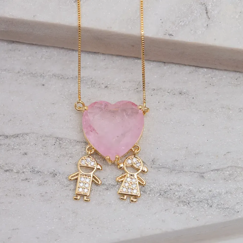 COLAR CASAL FILHOS COM CORAÇÃO PEDRA ROSA CLARO BANHO OURO 18K