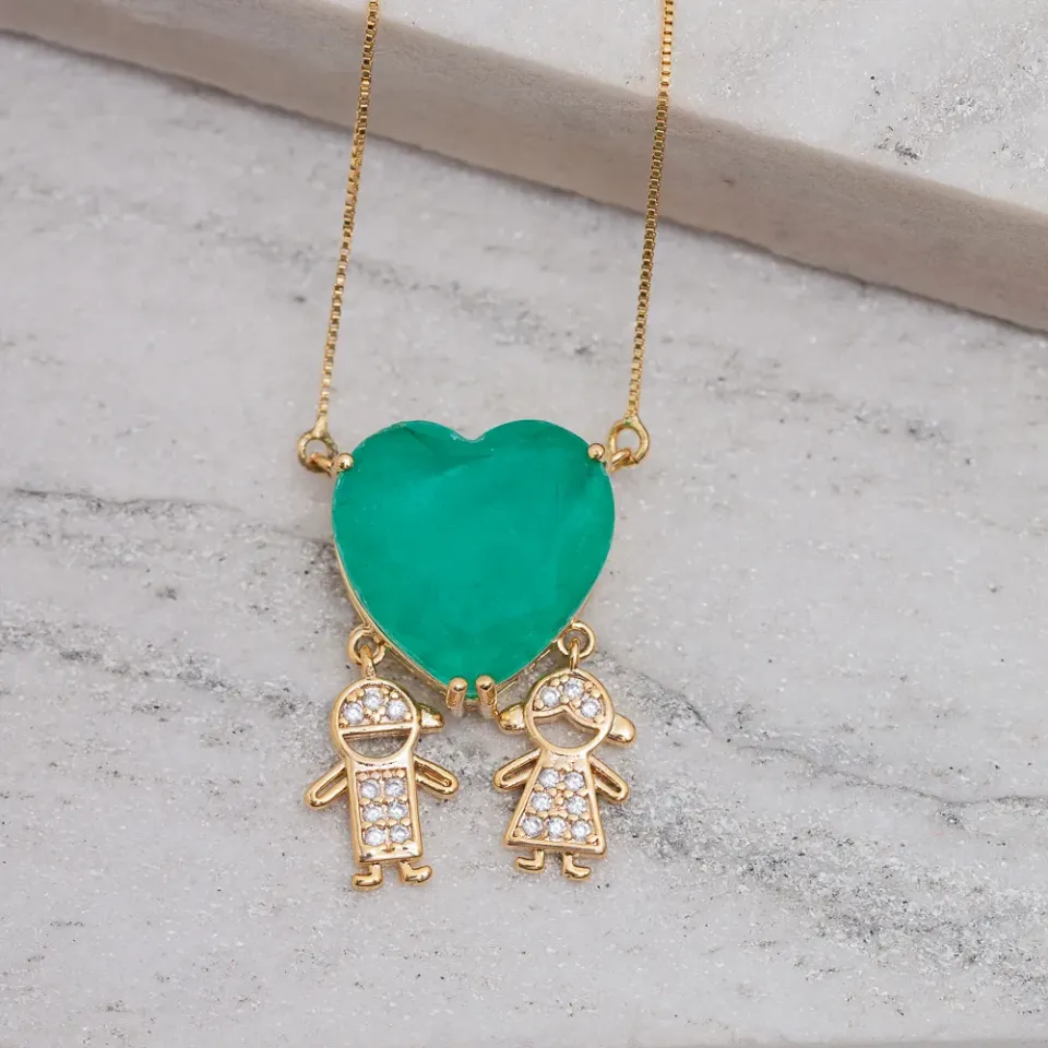 COLAR CASAL FILHOS COM CORAÇÃO PEDRA VERDE TIFFANY BANHO OURO 18K