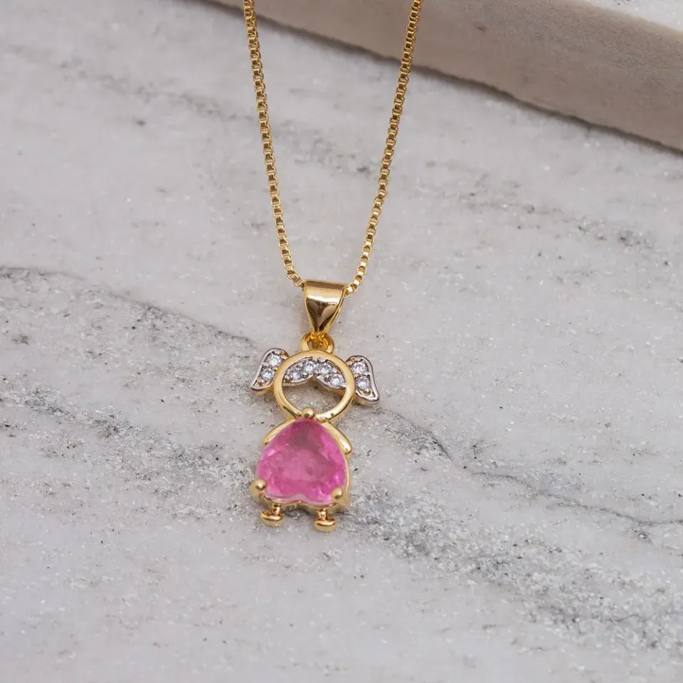 COLAR FILHOS MENINA COM PEDRA PINK BANHO OURO 18K