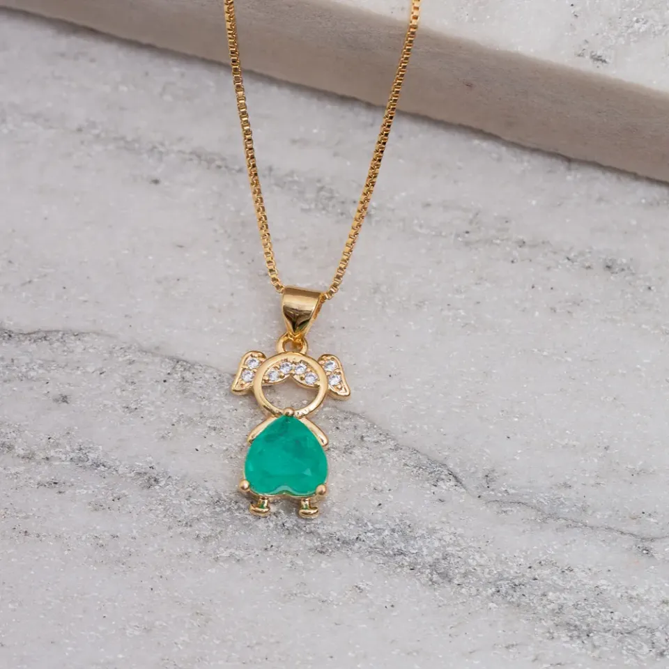 COLAR FILHOS MENINA COM PEDRA VERDE TIFFANY BANHO OURO 18K