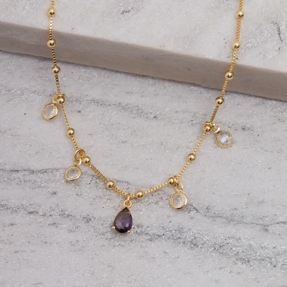 CHOKER BOLINHAS CRISTAIS E GOTA COM ZIRCÔNIA ROXO BANHO OURO 18K