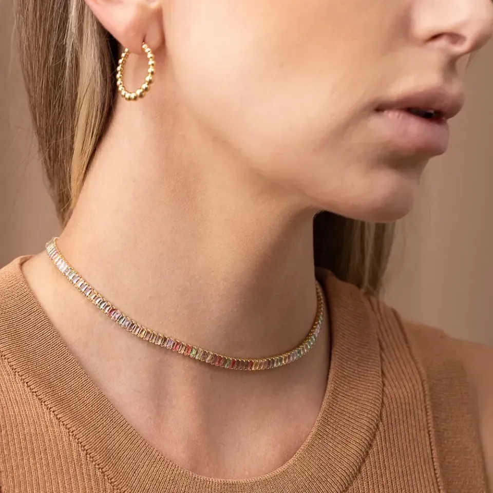 CHOKER RIVIERA COM ZIRCÔNIAS NAVETE COLORIDAS BANHO OURO 18K