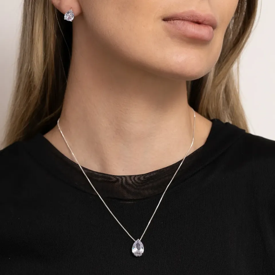 CONJUNTO GOTA COM PEDRA CRISTAL BANHO PRATA