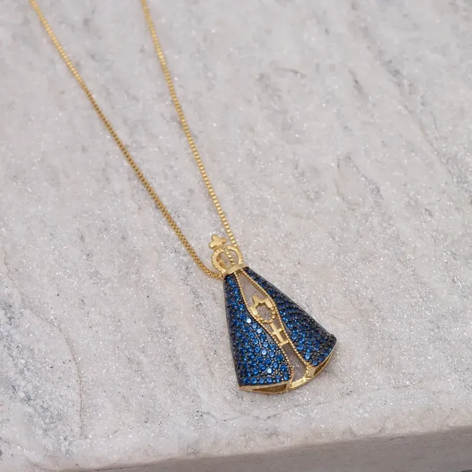 COLAR NOSSA SENHORA ZIRCÔNIA AZUL BANHO OURO 18K