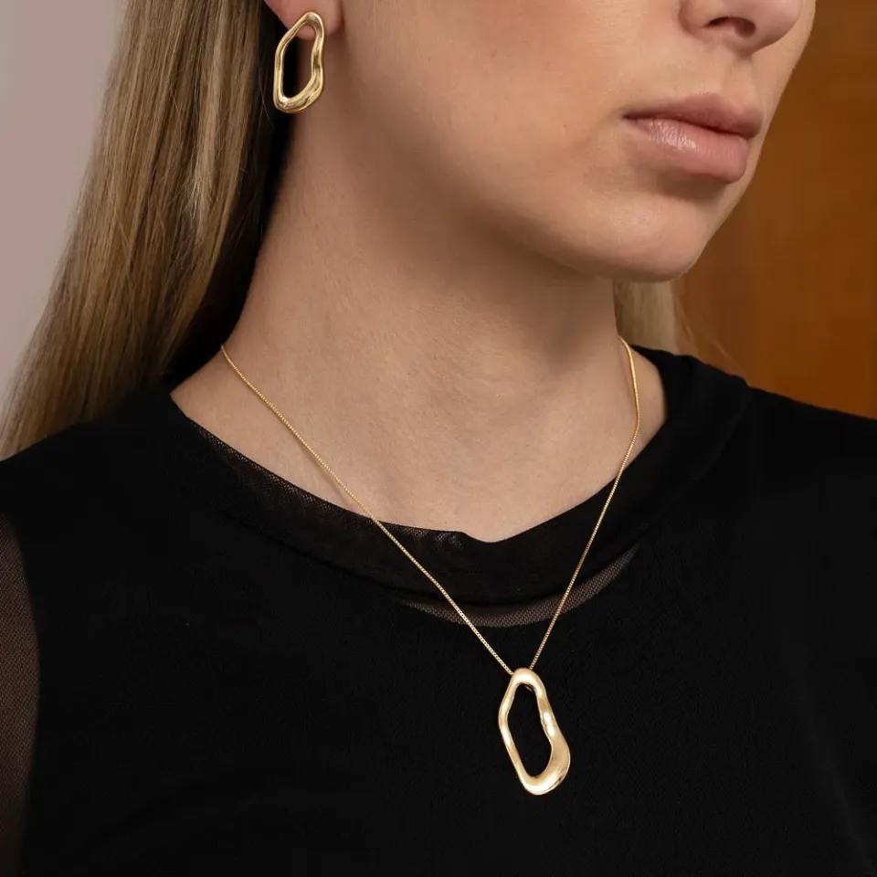 CONJUNTO ORGÂNICO LOSANGO VAZADO BANHO OURO 18K