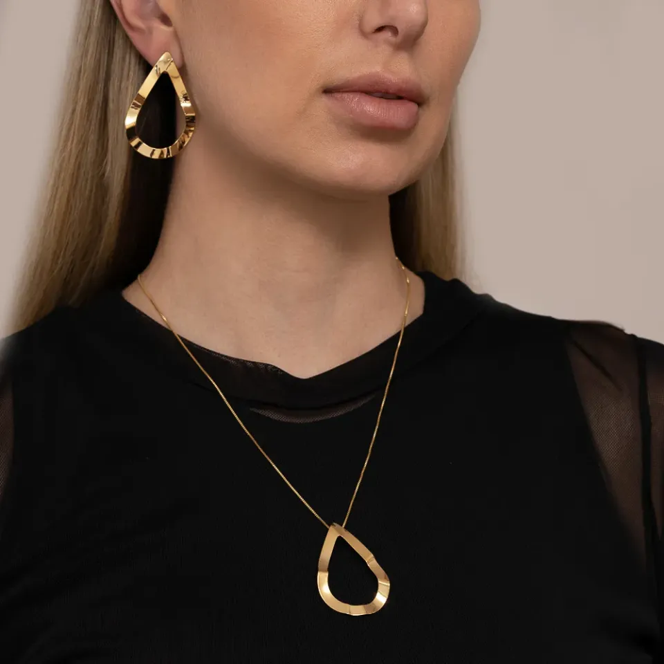 CONJUNTO GOTA GRANDE VAZADA BANHO OURO 18K