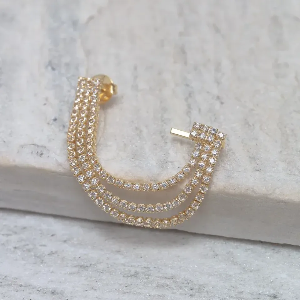 BRINCO EAR CUFF FIOS CRAVEJADOS COM ZIRCÔNIAS CRISTAIS BANHO OURO 18K