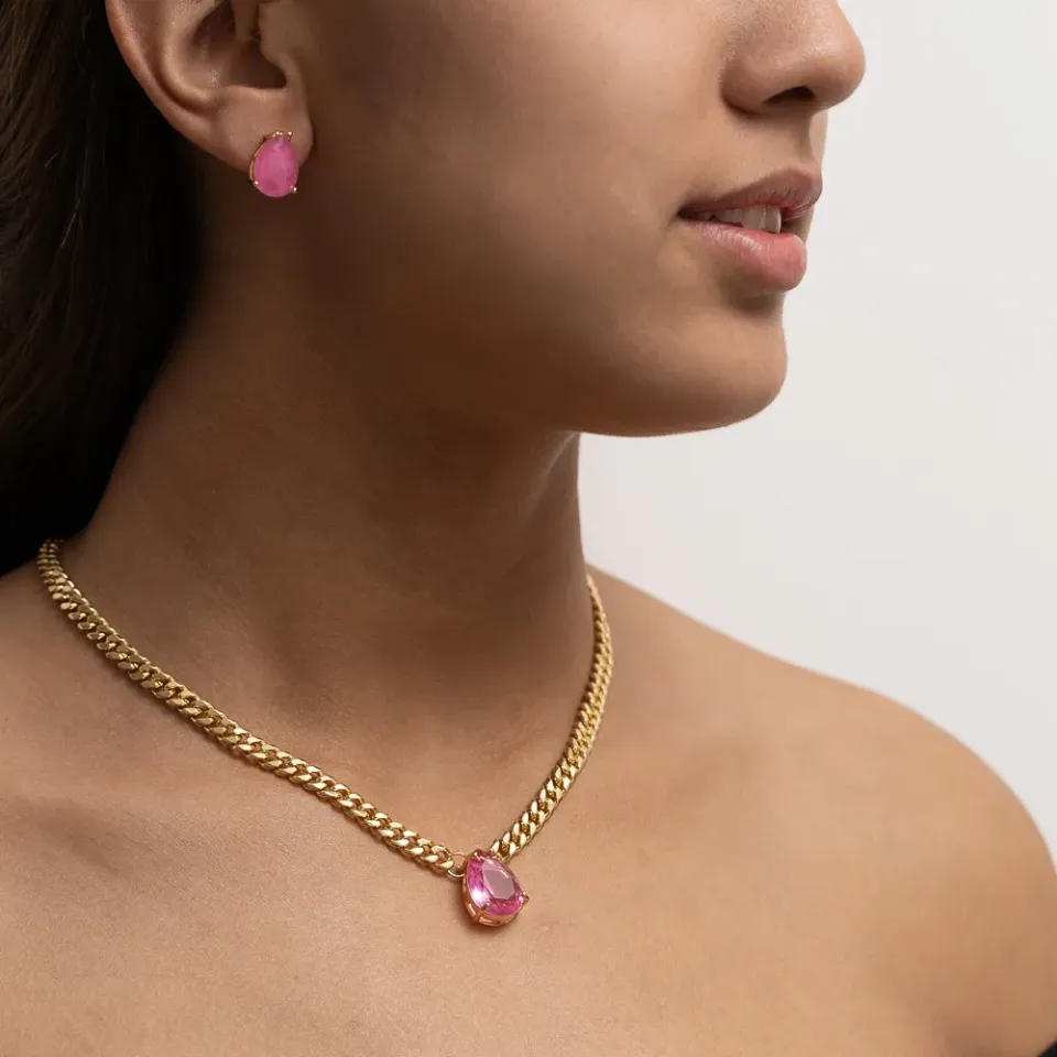 CONJUNTO CORRENTE COM ZIRCÔNIA PINK BANHO OURO 18K