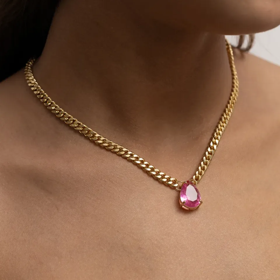 CONJUNTO CORRENTE COM ZIRCÔNIA PINK BANHO OURO 18K