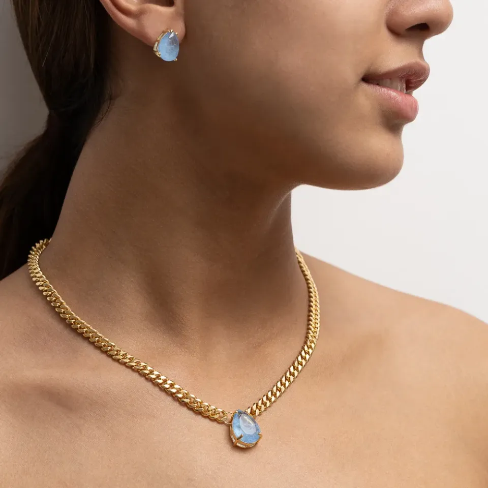 CONJUNTO CORRENTE COM PEDRA ZIRCÔNIA AZUL CLARO BANHO OURO 18K