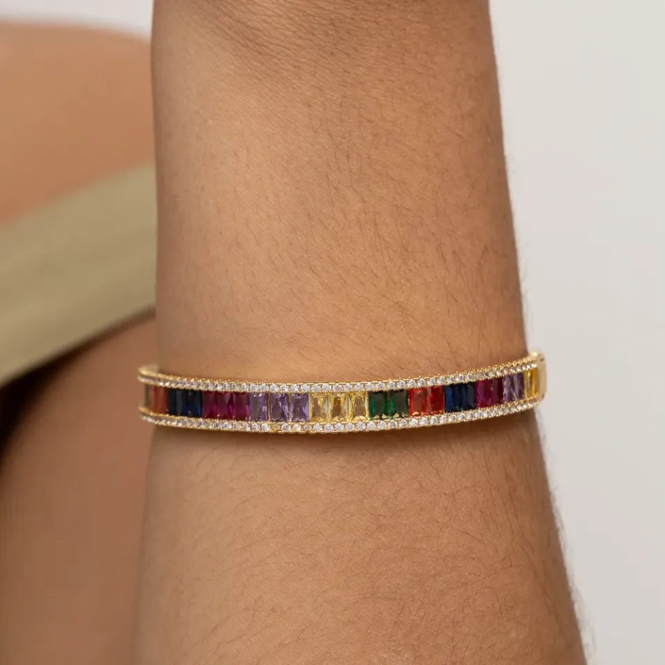 BRACELETE COM ZIRCÔNIAS NAVETE COLORIDAS BANHO OURO 18K