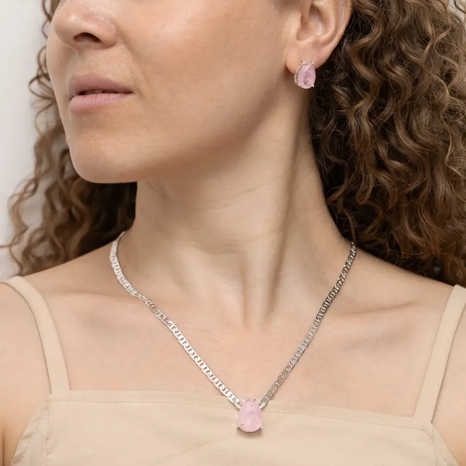 CONJUNTO GOTA PEDRA COR ROSA CLARO CORRENTE E PIASTRINE BANHO PRATA