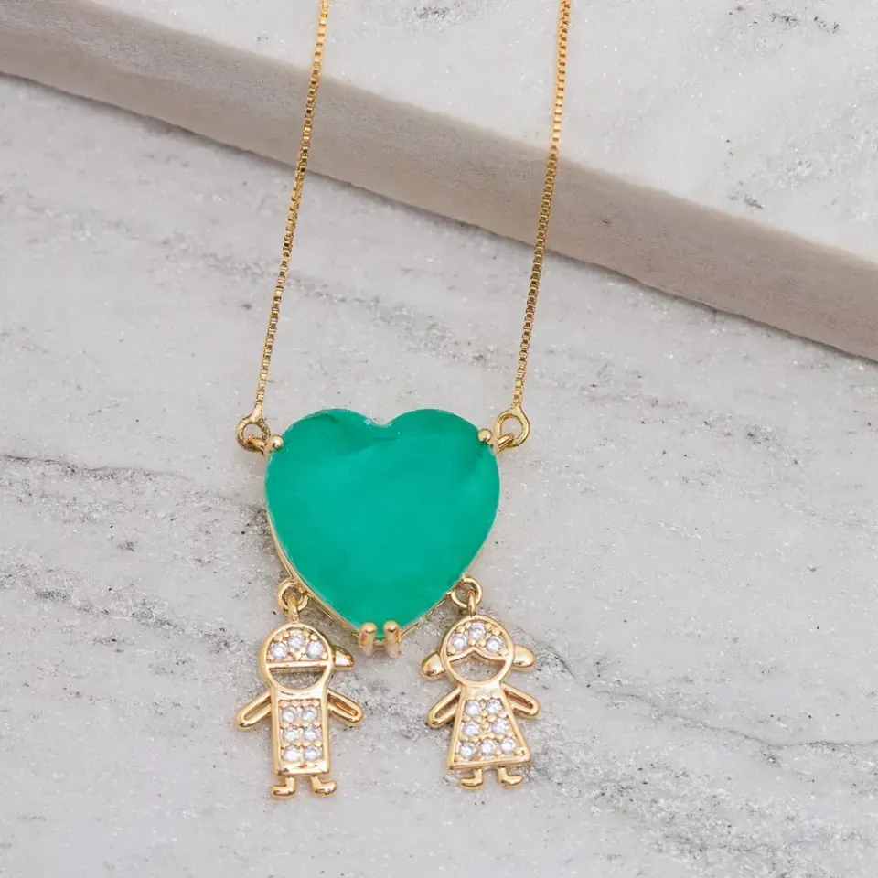 COLAR CASAL FILHOS COM CORAÇÃO PEDRA VERDE TIFFANY BANHO OURO 18K