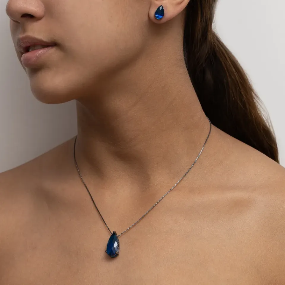 CONJUNTO GOTA COM PEDRA AZUL ESCURA G BANHO RÓDIO NEGRO