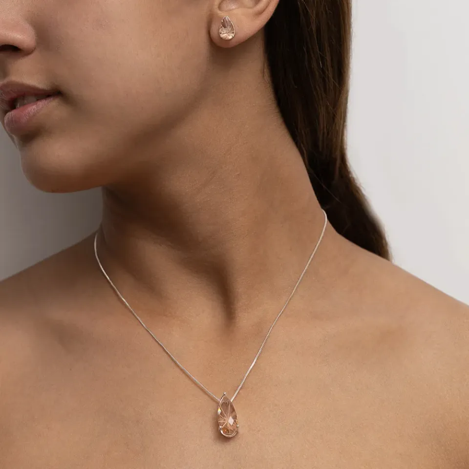 CONJUNTO GOTA COM PEDRA ROSÉ G BANHO PRATA