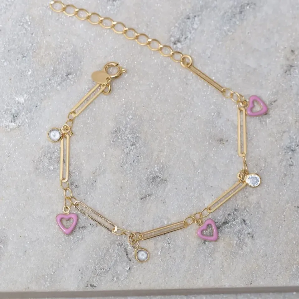 PULSEIRA CORAÇÃO ROSA COM PEDRAS CRISTAIS BANHO OURO 18K