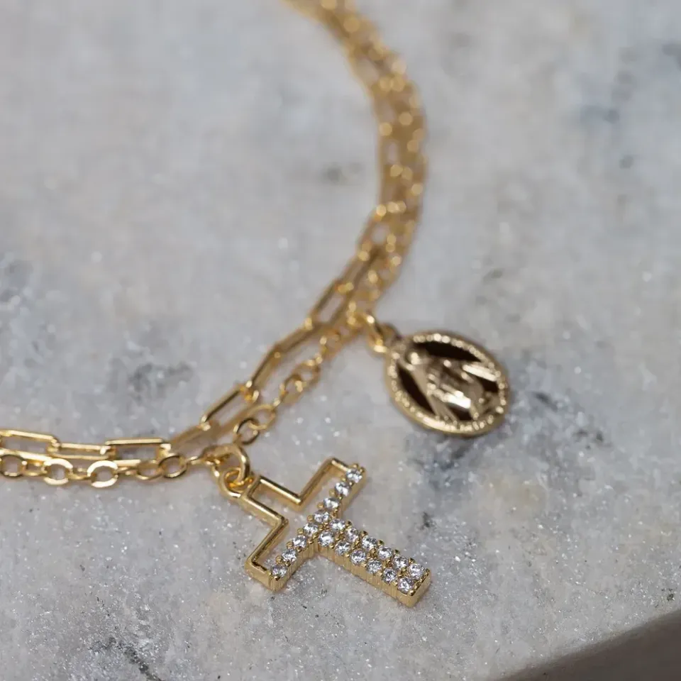 PULSEIRA DUPLA COM CRUZ E NOSSA SENHORA BANHO OURO 18K