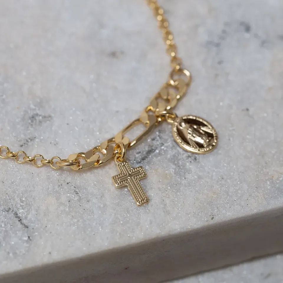 PULSEIRA COM CRUZ E NOSSA SENHORA BANHO OURO 18K