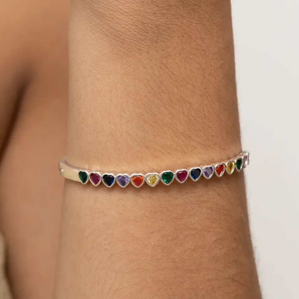 BRACELETE CORAÇÃO COM PEDRAS COLORIDAS BANHO PRATA