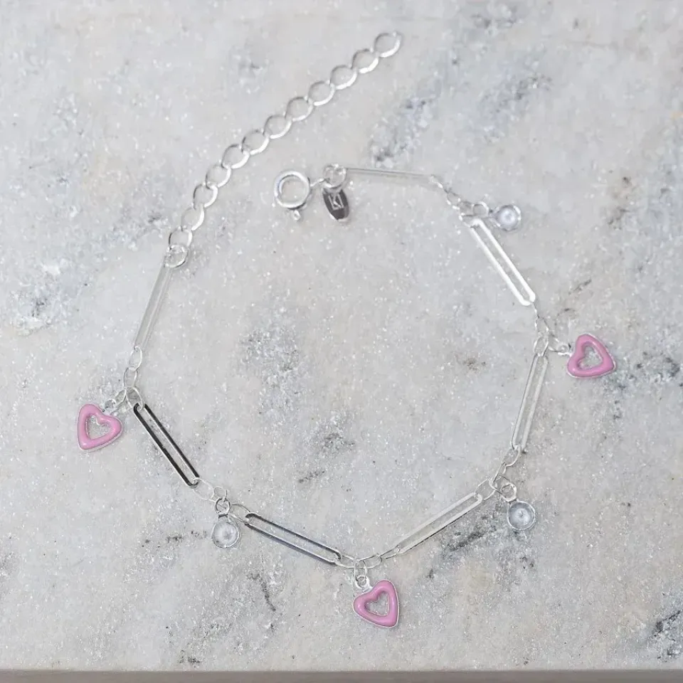 PULSEIRA CORAÇÃO ROSA COM PEDRAS CRISTAIS BANHO PRATA