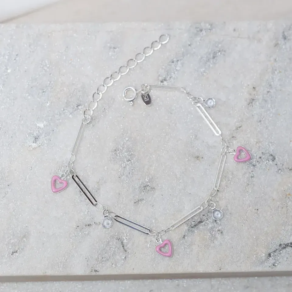 PULSEIRA CORAÇÃO ROSA COM PEDRAS CRISTAIS BANHO PRATA