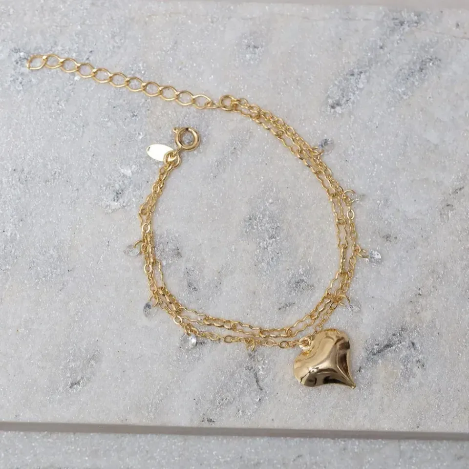 PULSEIRA DUPLA CORAÇÃO E PEDRA CRISTAL BANHO OURO 18K