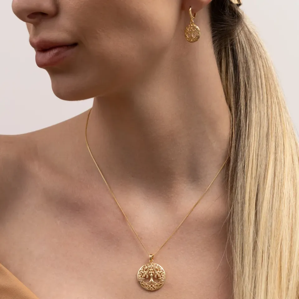 CONJUNTO ÁRVORE DA VIDA COM ZIRCÔNIAS BANHO OURO 18K