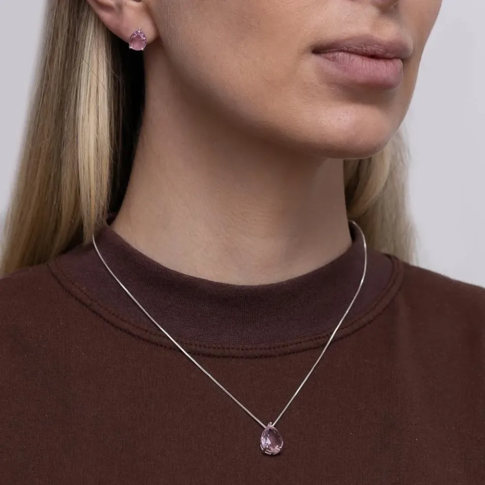 CONJUNTO GOTA COM PEDRA ROSA CLARO BANHO PRATA