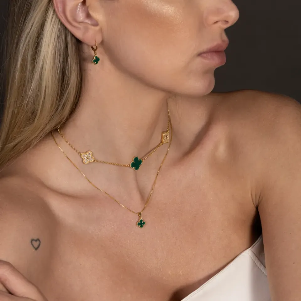 CONJUNTO VIRGÍNIA PEDRA VERDE BANHO OURO 18K