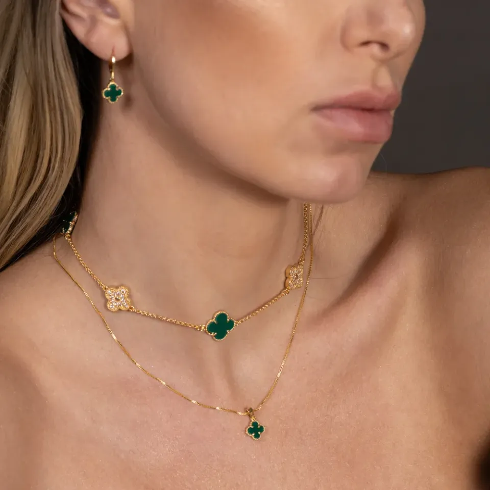 CONJUNTO VIRGÍNIA PEDRA VERDE BANHO OURO 18K