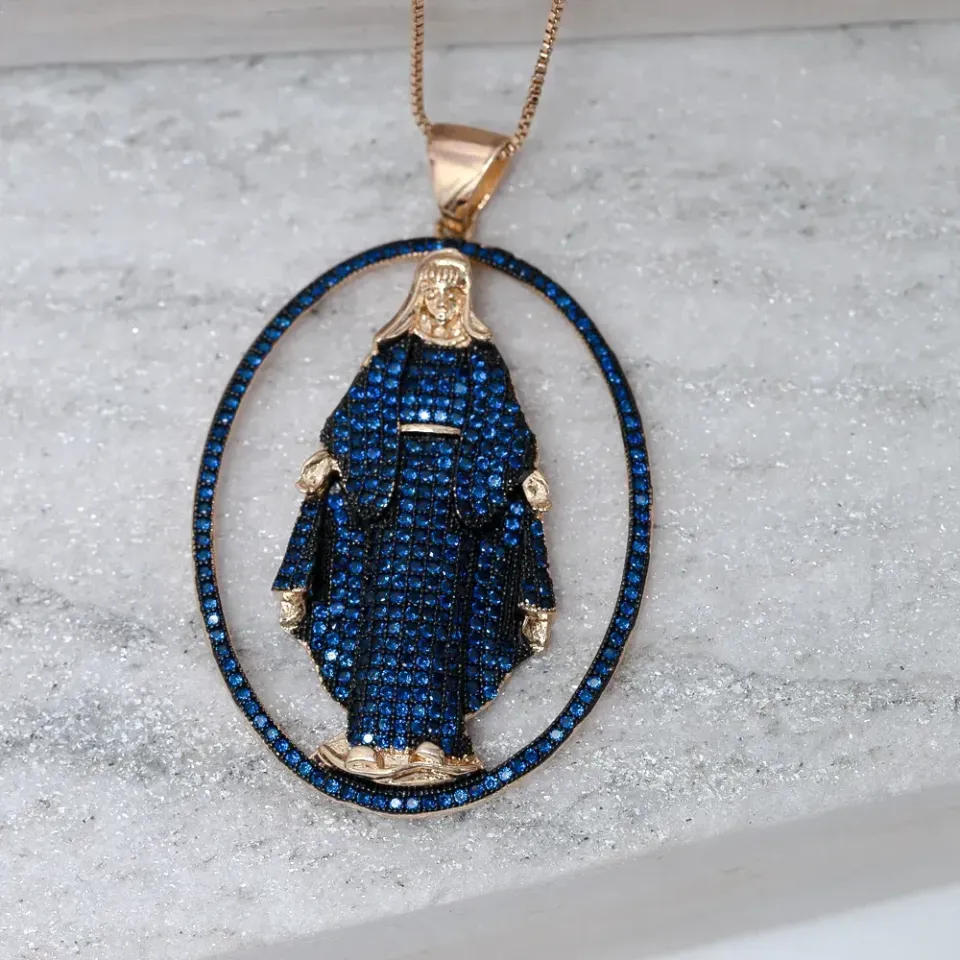 COLAR NOSSA SENHORA DAS GRAÇAS MANTO AZUL COM ZIRCÔNIA BANHO OURO 18K