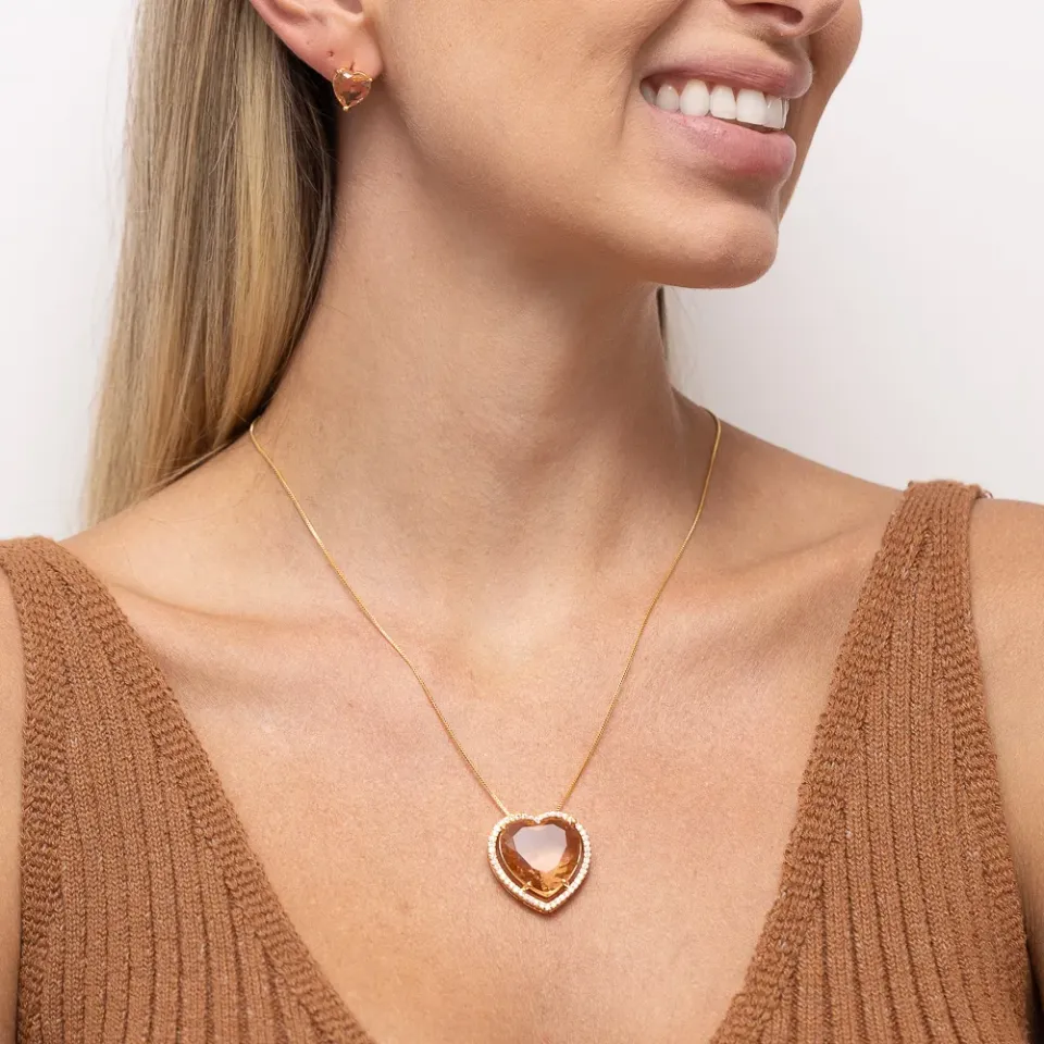 CONJUNTO CORAÇÃO COM PEDRA ROSÉ BANHO OURO 18K