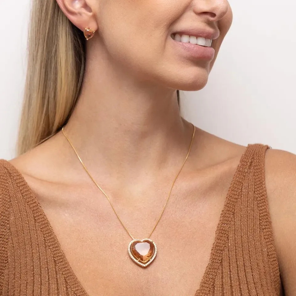 CONJUNTO CORAÇÃO COM PEDRA ROSÉ BANHO OURO 18K