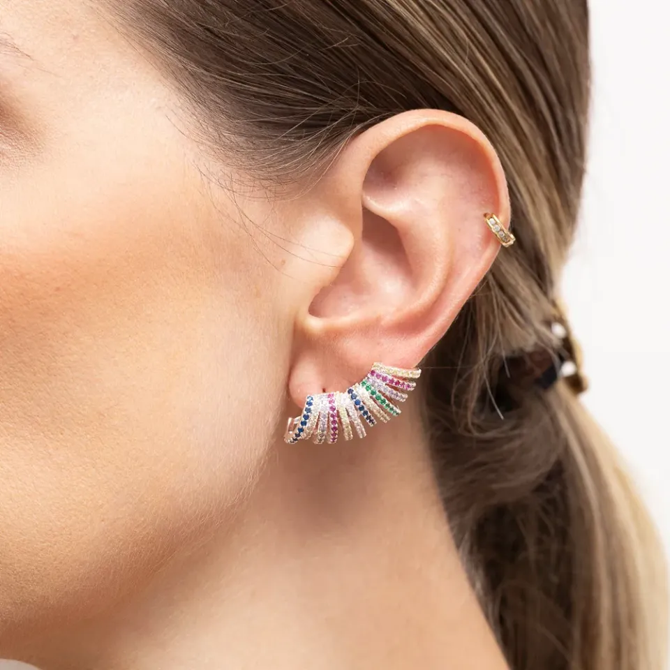 BRINCO EAR CUFF CRAVEJADO COM ZIRCÔNIAS COLORIDAS BANHO PRATA