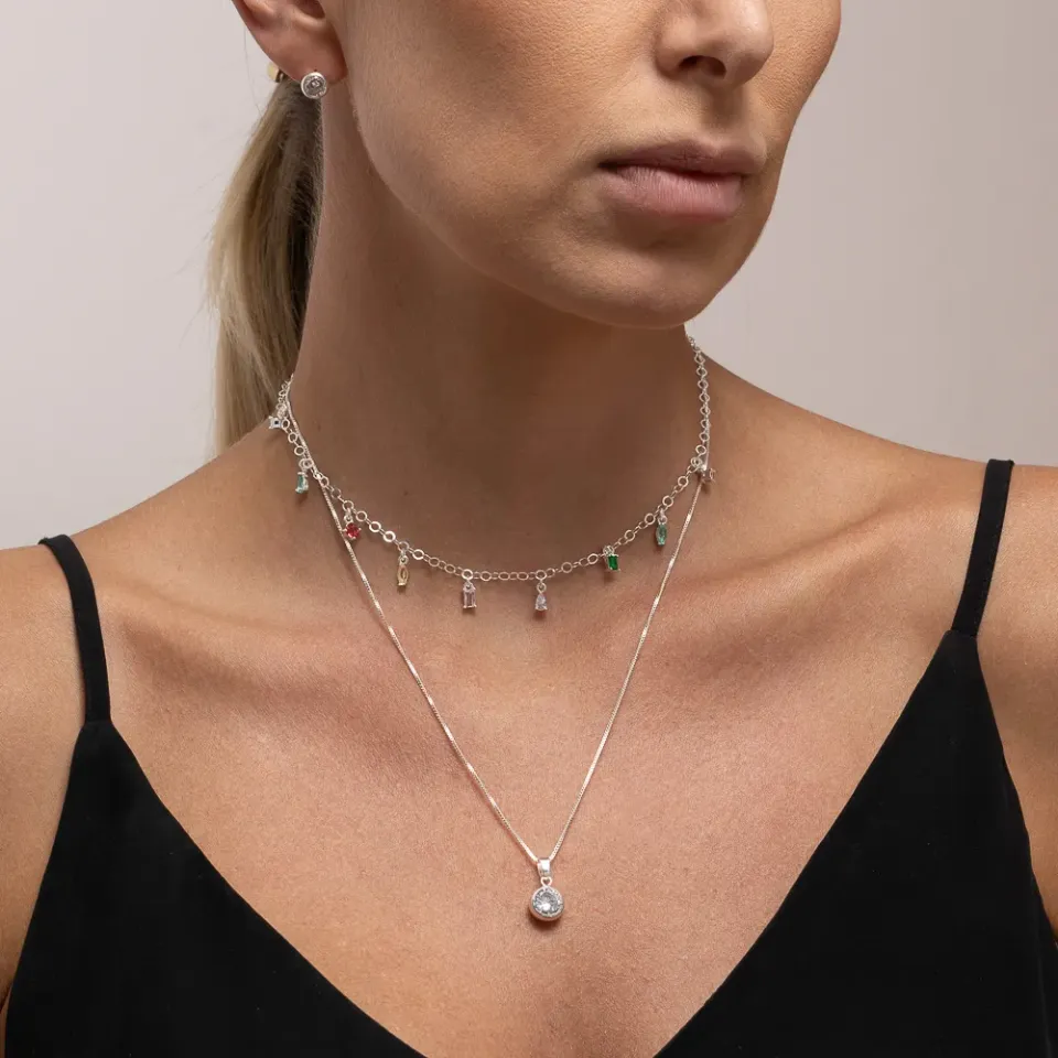 CHOKER PINGENTES COM PEDRAS COLORIDAS BANHO PRATA