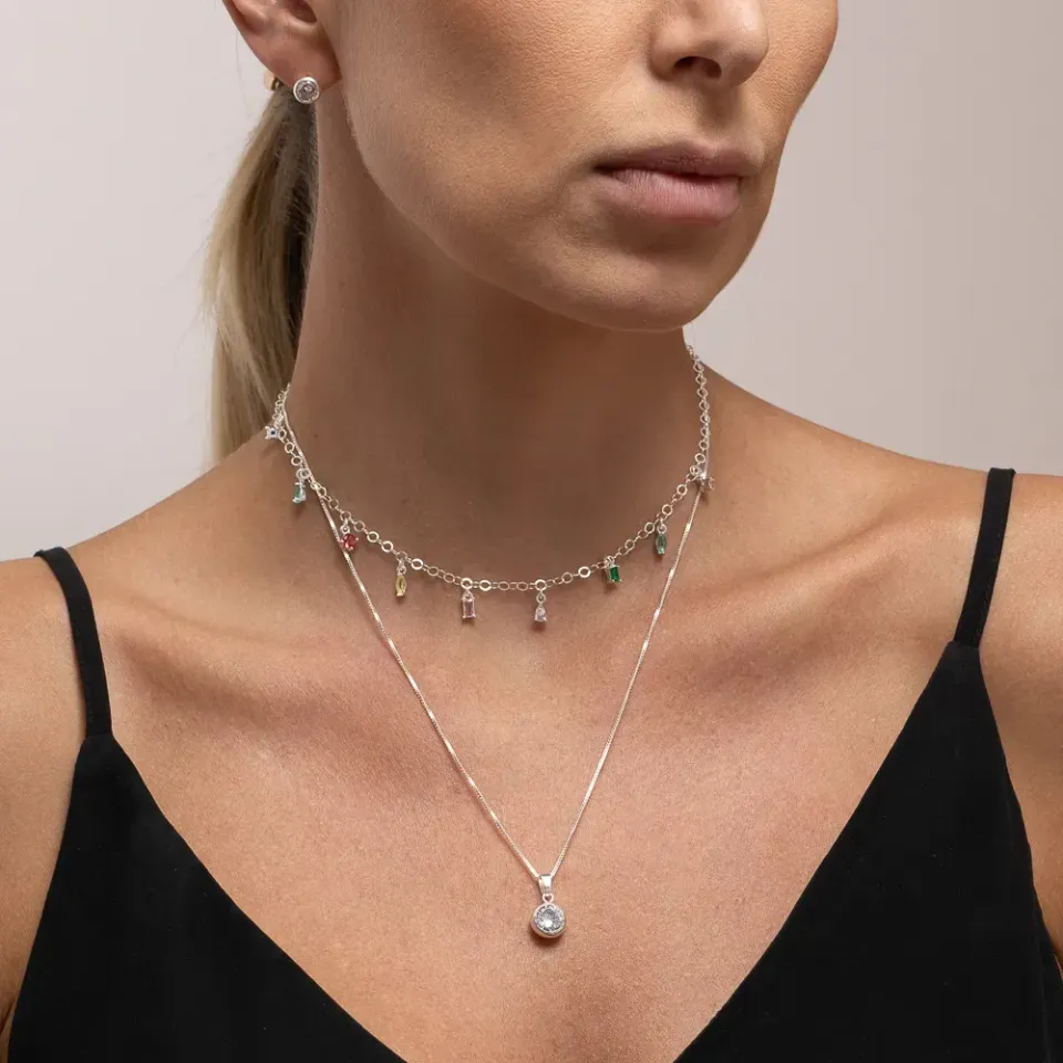 CHOKER PINGENTES COM PEDRAS COLORIDAS BANHO PRATA