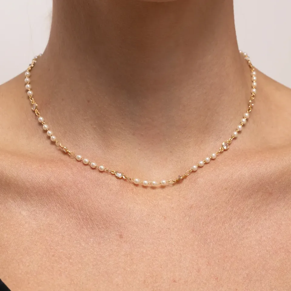 CHOKER PÉROLA COM ZIRCÔNIAS CRISTAIS BANHO OURO 18K