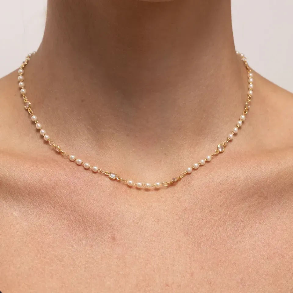 CHOKER PÉROLA COM ZIRCÔNIAS CRISTAIS BANHO OURO 18K