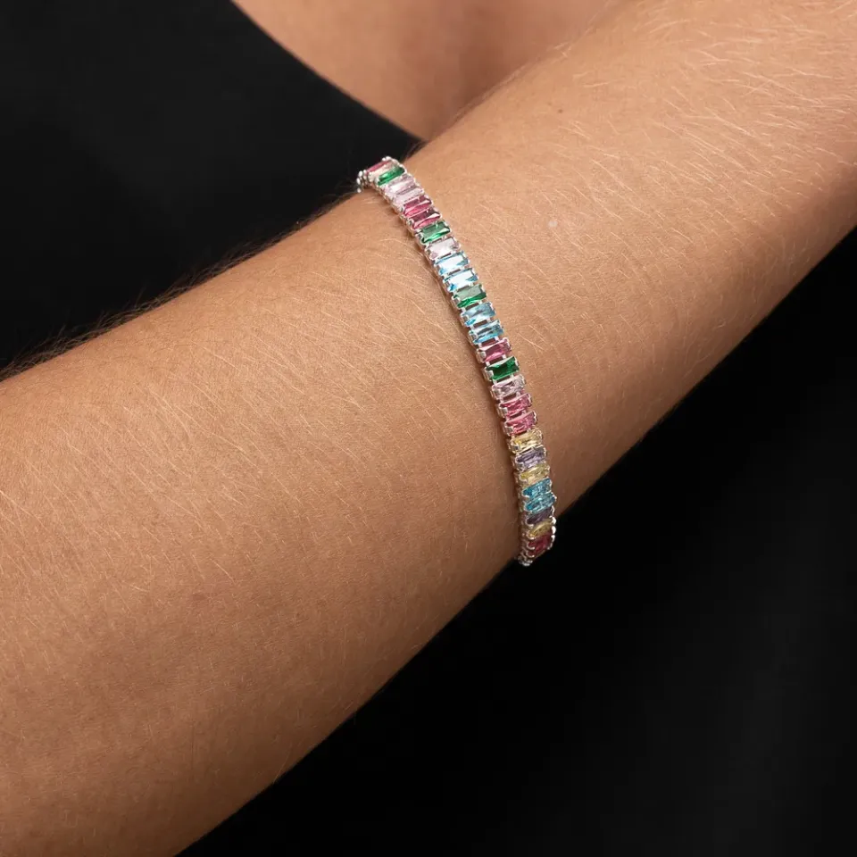 PULSEIRA RIVIERA COM ZIRCÔNIAS NAVETE COLORIDAS BANHO PRATA