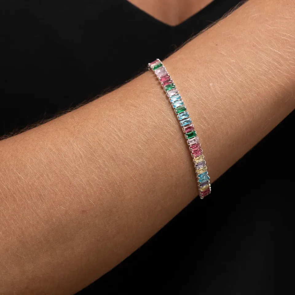 PULSEIRA RIVIERA COM ZIRCÔNIAS NAVETE COLORIDAS BANHO PRATA