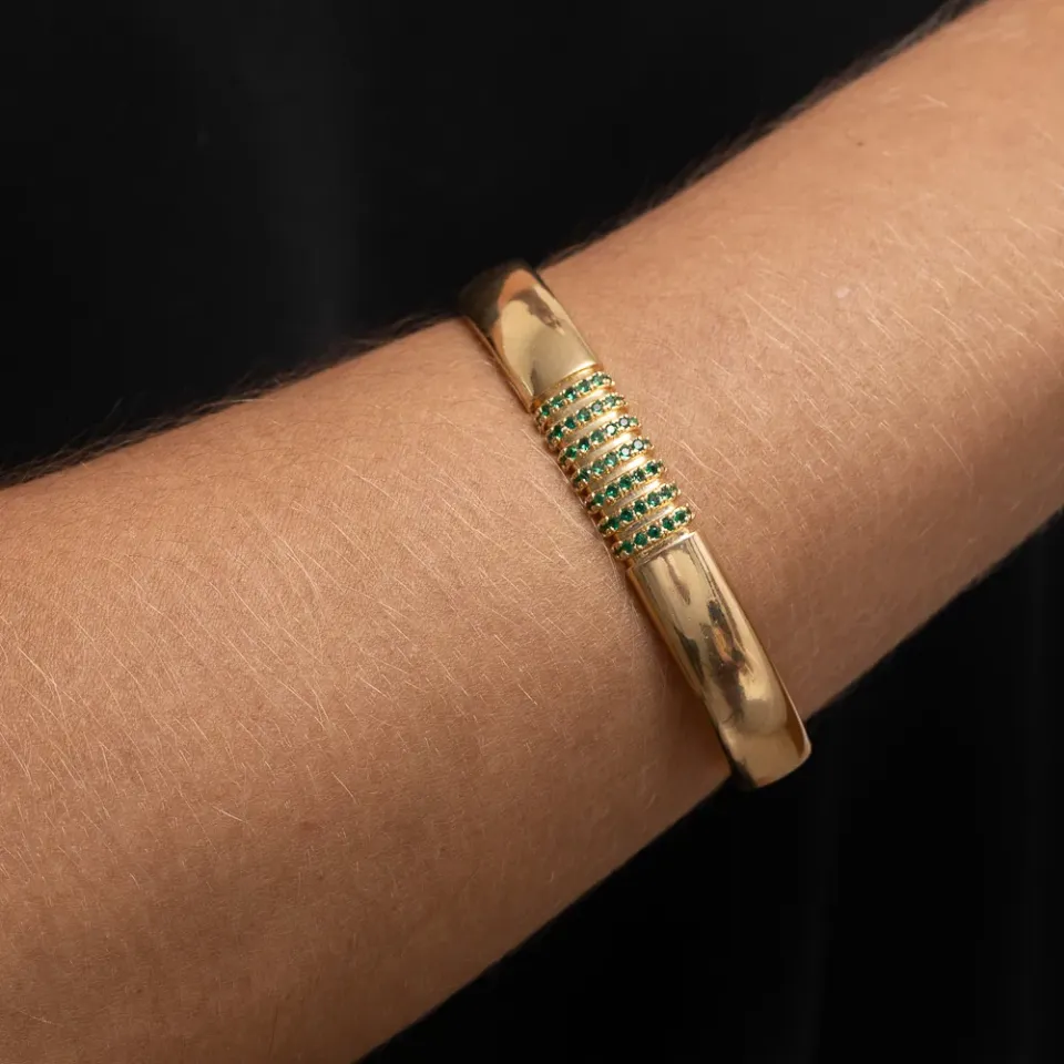 BRACELETE COM ZIRCÔNIAS VERDE ESMERALDA BANHO OURO 18K