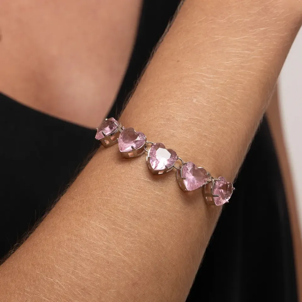 PULSEIRA GRAVATINHA CORAÇÃO COM PEDRAS ROSA CLARO BANHO RÓDIO BRANCO